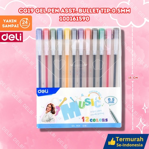 [100161590] CG19 Gel Pen ASST. Bullet tip 0.5mm DELI PULPEN TINTA SET BX144 BX12 BX3