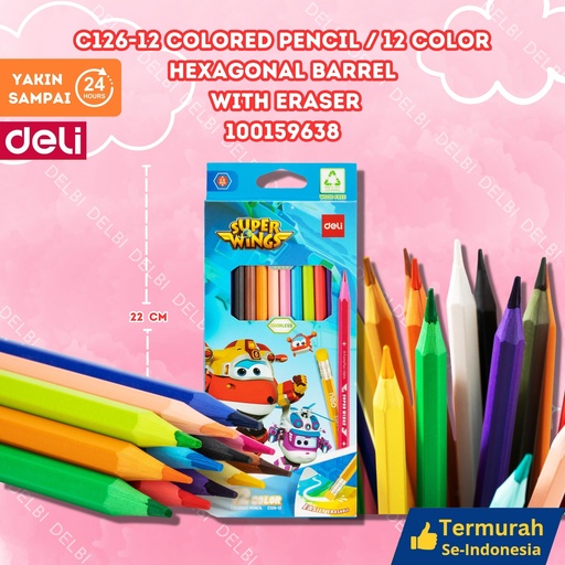 [100159638] C126-12 Colored Pencil 12 color Hexagonal Barrel With eraser MEWARNAI DELI PENSIL WARNA PENGHAPUS BX24 BX144