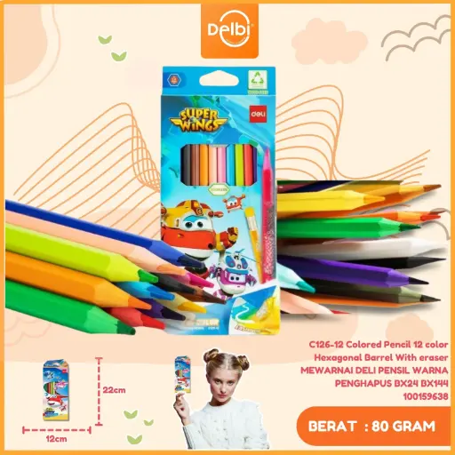 [100159638] C126-12 Colored Pencil 12 color Hexagonal Barrel With eraser MEWARNAI DELI PENSIL WARNA PENGHAPUS BX24 BX144