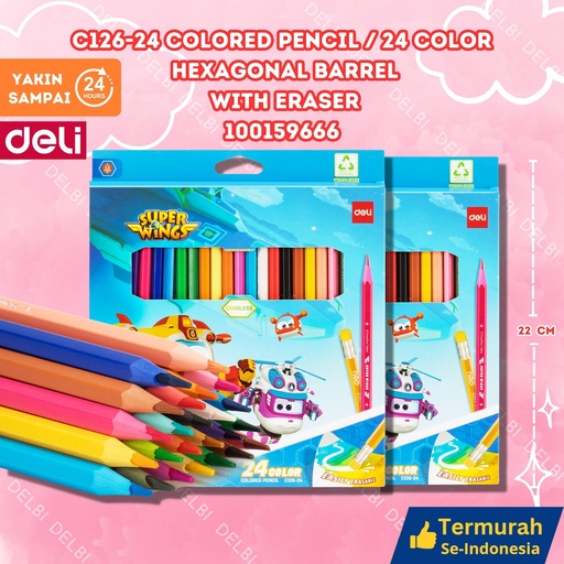 [100159666] C126-24 Colored Pencil 24 color Hexagonal Barrel With eraser DELI PENSIL WARNA PENGHAPUS BX96
