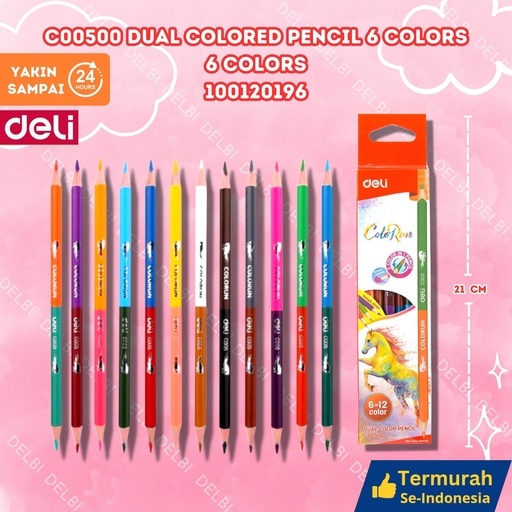 [100120196] C00500 Dual Colored Pencil 6 COLORS MEWARNAI DELI PENSIL WARNA BX240