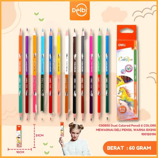 [100120196] C00500 Dual Colored Pencil 6 COLORS MEWARNAI DELI PENSIL WARNA BX240
