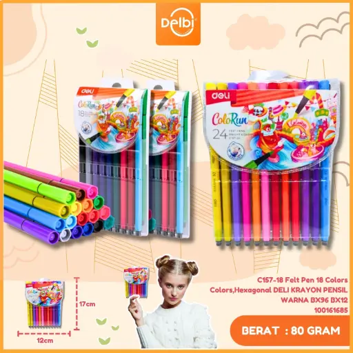 [100161685] C157-18 Felt Pen 18 Colors Colors,Hexagonal DELI KRAYON PENSIL WARNA BX96 BX12