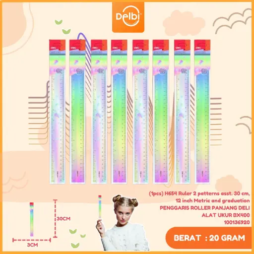 [100136920] (1pcs) H654 Ruler 2 patterns asst. 30 cm, 12 inch Metric and graduation PENGGARIS ROLLER PANJANG DELI ALAT UKUR BX400