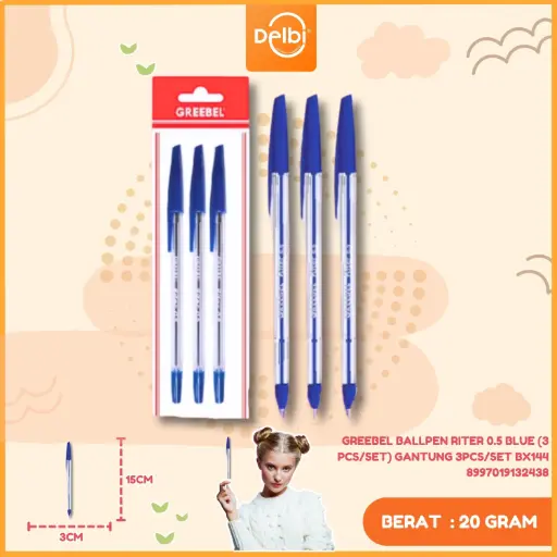 [8997019132438] GREEBEL BALLPEN RITER 0.5 BLUE (3 PCS/SET) GANTUNG 3PCS/SET BX144