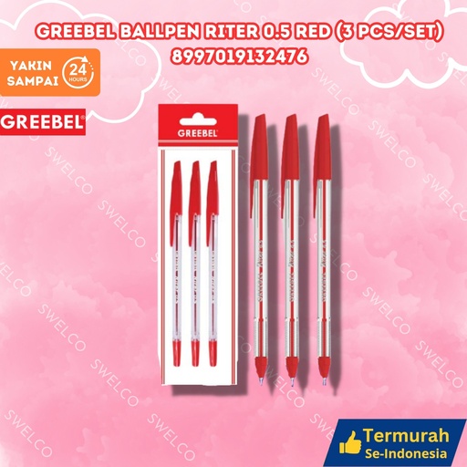 [8997019132476] GREEBEL BALLPEN RITER 0.5 RED (3 PCS/SET) GANTUNG BX144