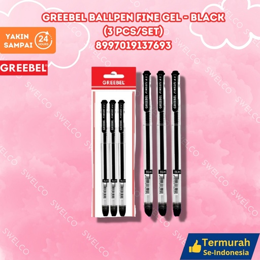 [8997019137693] GREEBEL BALLPEN FINE GEL BLACK (3 PCS/SET) TINTA ISI 3 GANTUNG HITAM BX144