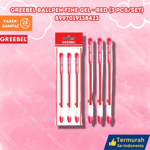 [8997019138423] GREEBEL BALLPEN FINE GEL RED (3 PCS/SET) TINTA ISI 3 GANTUNG MERAH BX144