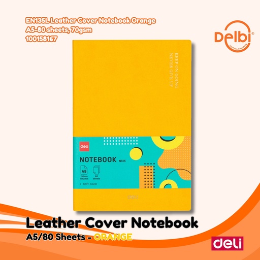 [100158167] DELI EN135L Leather Cover Notebook Orange A5-80 sheets, 70gsm BUKU BX36
