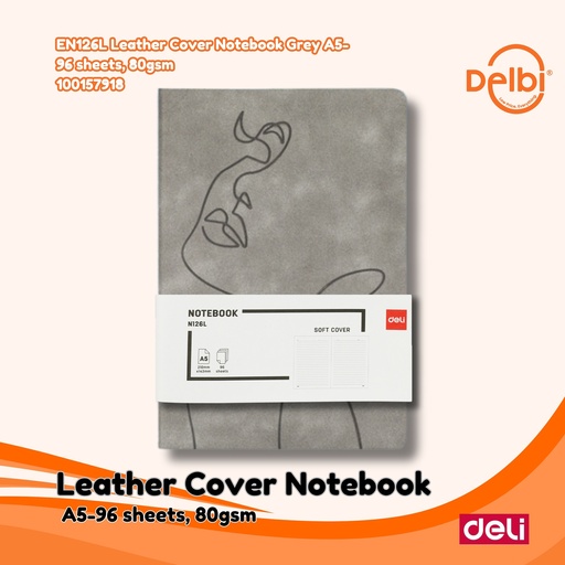 [100157918] DELI EN126L Leather Cover Notebook Grey A5-96 sheets, 80gsm BUKU BX16