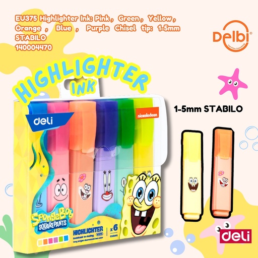 [140004470] DELI EU375 Highlighter Ink: Pink，Green，Yellow，Orange，Blue，Purple Chisel tip: 1-5mm STABILO