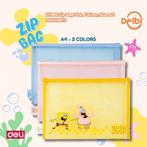 [140003873] DELI EH982 Zip Bag Pink, Yellow, Blue A4 BX12 BX36 BX144