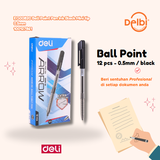 [100127861] EQ00820 Ball Point Pen Ink Black Mini tip 0.5mm DELI BALLPEN HITAM BX144