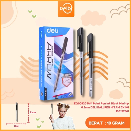 [100127861] EQ00820 Ball Point Pen Ink Black Mini tip 0.5mm DELI BALLPEN HITAM BX144