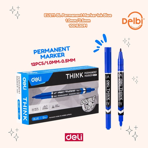 [100153091] EU211-BL Permanent Marker Ink Blue 1.0mm/0.5mm DELI SPIDOL MAKER BIRU BX2 BX12 BX144 BX1728