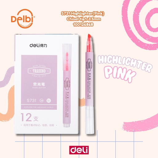 [100126868] S731 Highlighter(Pink) Chisel tip1-3.5mm DELI HIGHLIGHTER STABILO PINK PENANDA TULISAN BX1728 BX144 BX12 BX3