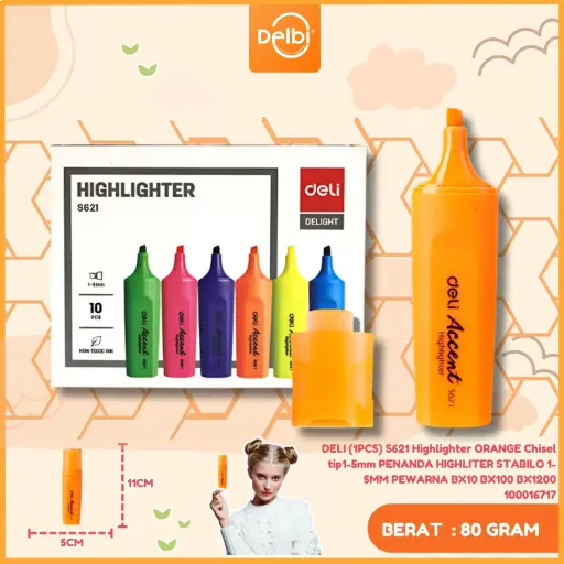 [100016717] DELI (1PCS) S621 Highlighter ORANGE Chisel tip1-5mm PENANDA HIGHLITER STABILO 1-5MM PEWARNA BX10 BX100 BX1200