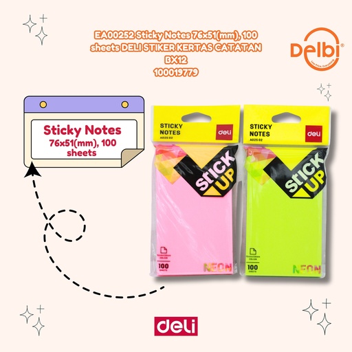 [100019779] EA00252 Sticky Notes 76x51(mm), 100 sheets DELI STIKER KERTAS CATATAN BX12