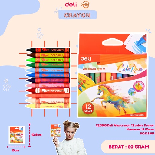 [100133349] C20800 Deli Wax crayon 12 colors Krayon Mewarnai 12 Warna