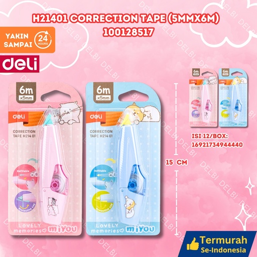 [100128517] H21401 Correction Tape(5mmx6m) 5mmx6m DELI TIPEX KERTAS BX12