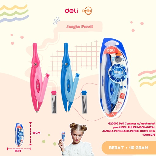 [100116078] G20002 Deli Compass w/mechanical pencil DELI RULER MECHANICAL JANGKA PENGGARIS PENSIL BX192 BX12