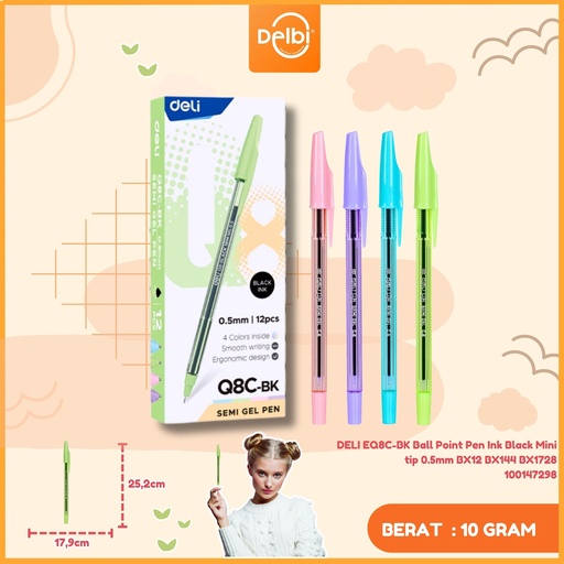 [100147298] DELI EQ8C-BK Ball Point Pen Ink Black Mini tip 0.5mm BX12 BX144 BX1728