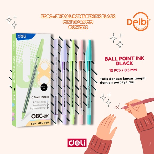 [100147298] DELI EQ8C-BK Ball Point Pen Ink Black Mini tip 0.5mm BX12 BX144 BX1728