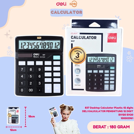 [100003961] 837 Desktop Calculator Plastic-12 digits DELI KALKULATOR PENGHITUNG 12 DIGIT BX120 BX20