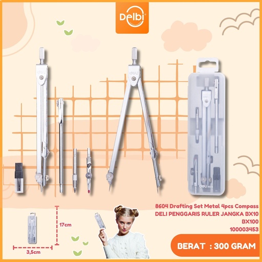 [100003453] 8604 Drafting Set Metal 4pcs Compass DELI PENGGARIS RULER JANGKA BX10 BX100