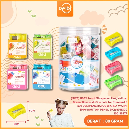 [100139279] (1PCS) H032 Pencil Sharpener Pink, Yellow, Green, Blue asst. One hole for Standard 8 mm DELI PENGHAPUS WARNA WARNI 8MM' RAUTAN PENSIL BX1680 BX70