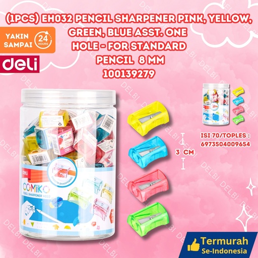 [100139279] (1PCS) H032 Pencil Sharpener Pink, Yellow, Green, Blue asst. One hole for Standard 8 mm DELI PENGHAPUS WARNA WARNI 8MM' RAUTAN PENSIL BX1680 BX70