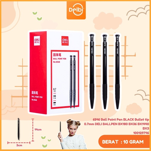 [100129746] 6546 Ball Point Pen BLACK Bullet tip 0.7mm DELI BALLPEN BX180 BX36 BX1440 BX3