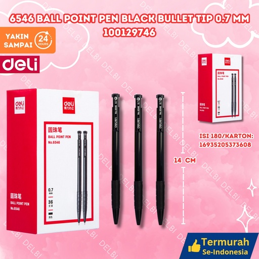 [100129746] 6546 Ball Point Pen BLACK Bullet tip 0.7mm DELI BALLPEN BX180 BX36 BX1440 BX3