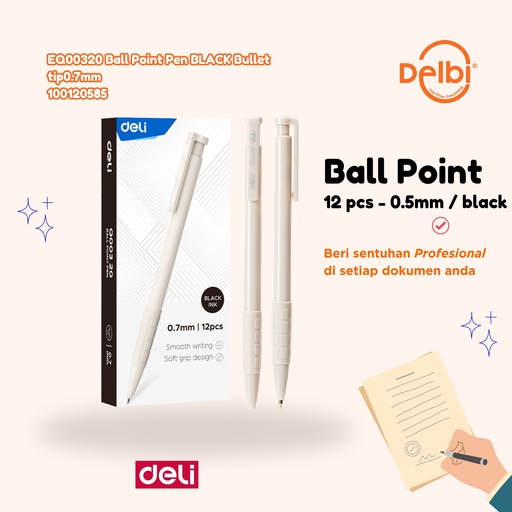 [100120585] EQ00320 Ball Point Pen BLACK Bullet tip0.7mm DELI BALLPEN BX144 BX12 BX1728 BX3