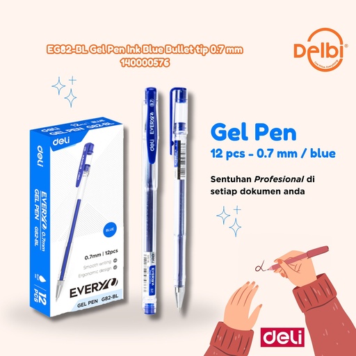 [140000576] DELI EG82-BL Gel Pen Ink Blue Bullet tip 0.7mm BX144 BX1728 BX12