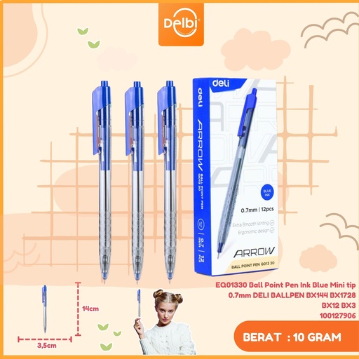 [100127906] EQ01330 Ball Point Pen Ink Blue Mini tip 0.7mm DELI BALLPEN BX144 BX1728 BX12 BX3