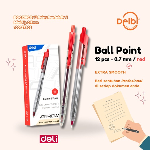 [100127905] EQ01340 Ball Point Pen Ink Red Mini tip 0.7mm DELI BALLPEN MERAH BX144 BX3 BX1728 BX12