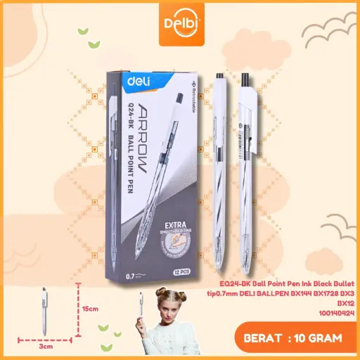[100140424] EQ24-BK Ball Point Pen Ink Black Bullet tip0.7mm DELI BALLPEN BX144 BX1728 BX3 BX12