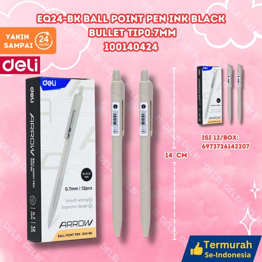 [100140424] EQ24-BK Ball Point Pen Ink Black Bullet tip0.7mm DELI BALLPEN BX144 BX1728 BX3 BX12