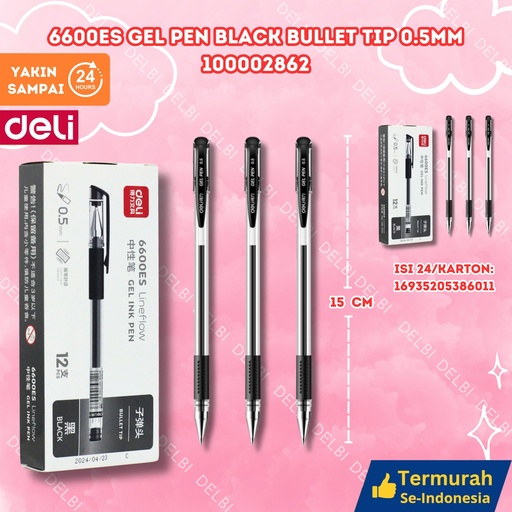 [100002862] 6600ES Gel Pen BLACK Bullet tip 0.5mm DELI TINTA BX144 BX1728 BX12 BX3