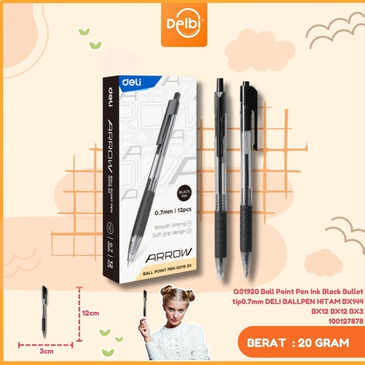 [100127878] Q01920 Ball Point Pen Ink Black Bullet tip0.7mm DELI BALLPEN HITAM BX144 BX12 BX12 BX3