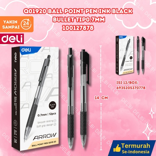 [100127878] Q01920 Ball Point Pen Ink Black Bullet tip0.7mm DELI BALLPEN HITAM BX144 BX12 BX12 BX3