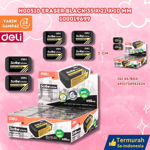 [100019699] H00510 Eraser BLACK 35x21x10mm DELI PENGHAPUS SETIP BX1080 BX45