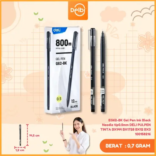 [100158216] EG62-BK Gel Pen Ink Black Needle tip0.5mm DELI PULPEN TINTA BX144 BX1728 BX12 BX3