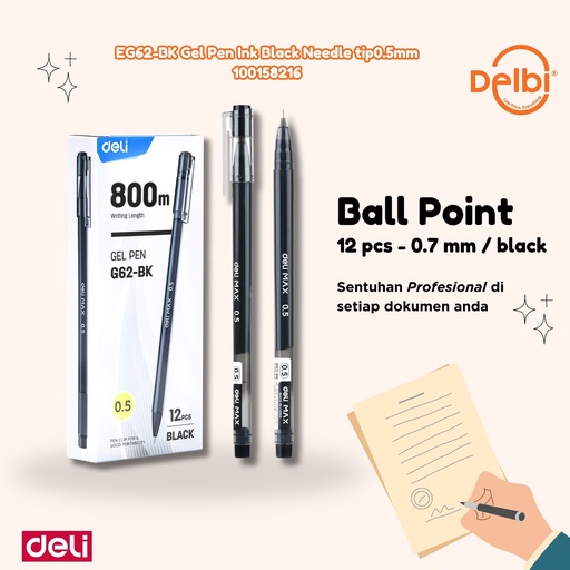 [100158216] EG62-BK Gel Pen Ink Black Needle tip0.5mm DELI PULPEN TINTA BX144 BX1728 BX12 BX3