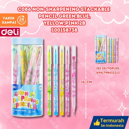 [100158738] C086 Non-sharpening Stackable Pencil Green,Blue,Yellow,Pink 2B WARNA WARNI REFIL DELI TOPLES NON RAUT ISI ULANG RAUTAN PENSIL BX240 BX20