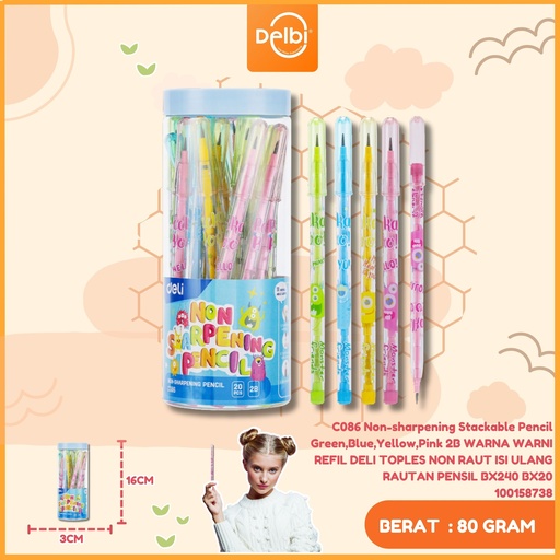 [100158738] C086 Non-sharpening Stackable Pencil Green,Blue,Yellow,Pink 2B WARNA WARNI REFIL DELI TOPLES NON RAUT ISI ULANG RAUTAN PENSIL BX240 BX20