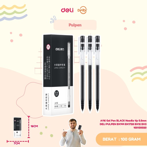 [100130020] A116 Gel Pen BLACK Needle tip 0.5mm DELI PULPEN BX144 BX1728 BX12 BX3