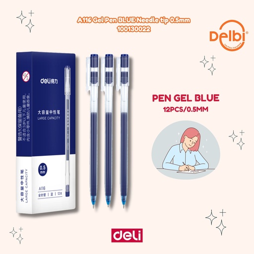 [100130022] DELI A116 Gel Pen BLUE Needle tip 0.5mm BX144