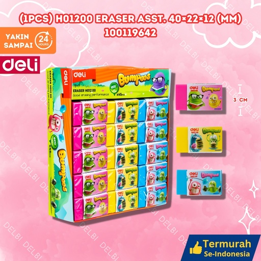 [100119642] (1pcs) H01200 Eraser Asst. 40 22 12 (mm) DELI PENGHAPUS SETIP KARAKTER BX1080 BX45